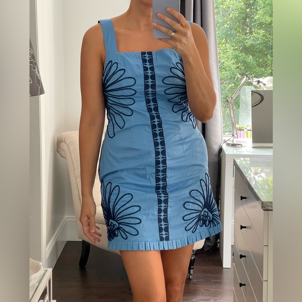 New! Blue Floral Embroidered Mini Thick Straps Women’s Dress size S fits M